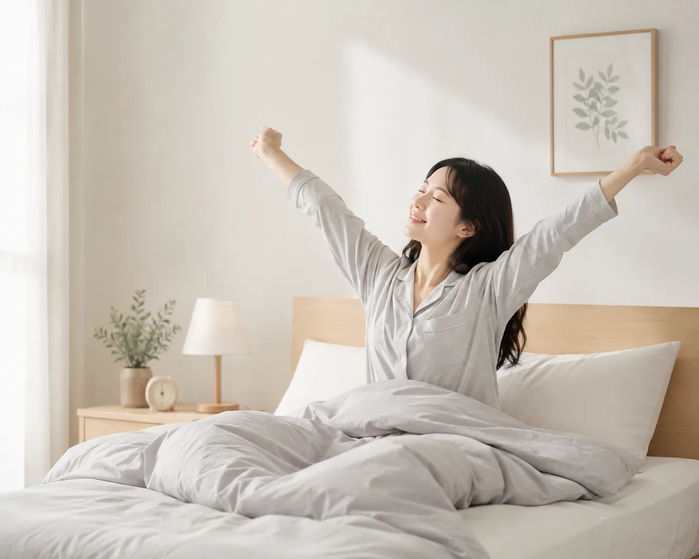 朝、ベッドで伸びをする女性。リカバリーウェアですっきり目覚めたイメージ